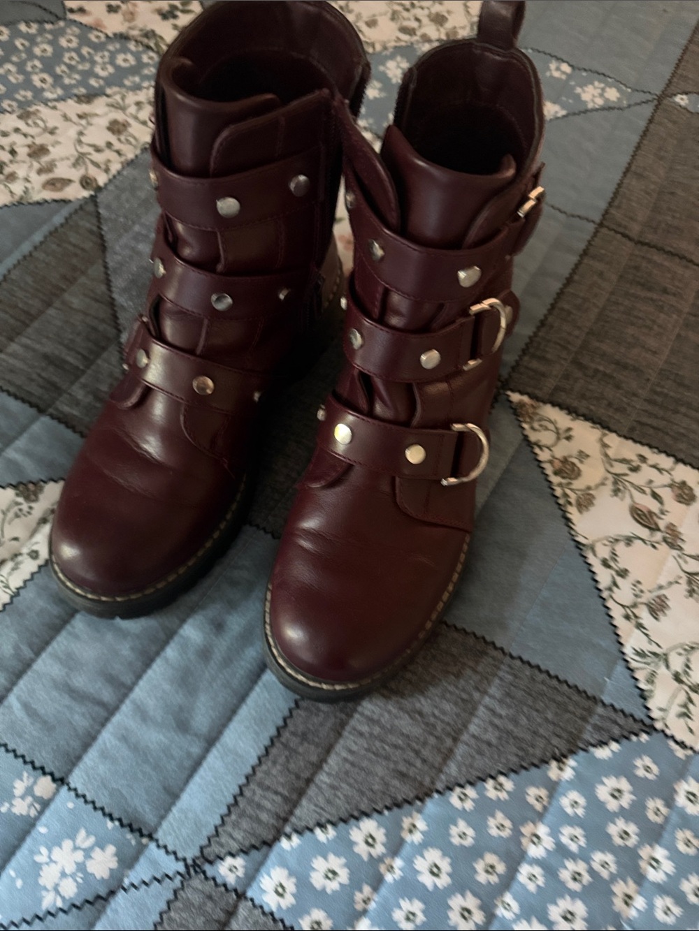 Women's Burgundy Buckle Combat Boots